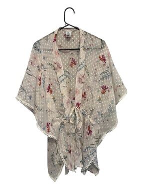 Source Unknown Sheer Tie-Front Cream Floral Lightweight Kimono Cardigan L/XL